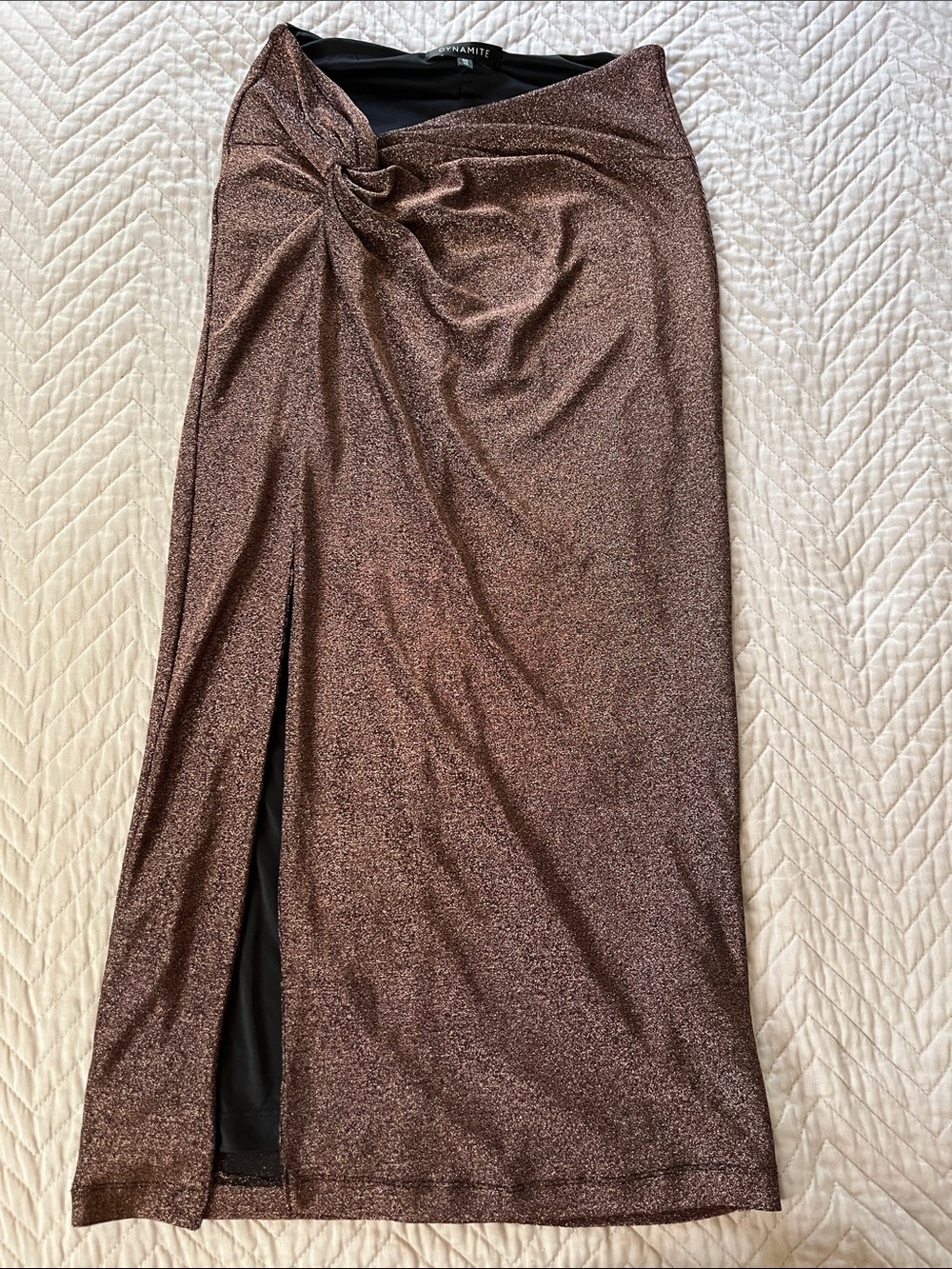 Dynamite Rose Gold & Brown Metallic Twist-Front Maxi Skirt